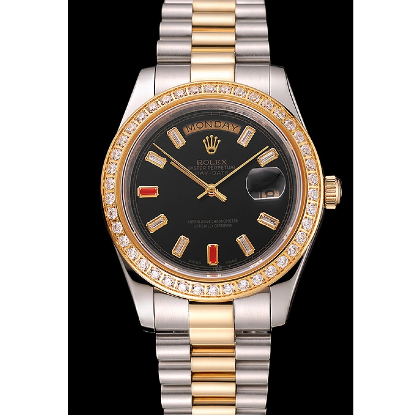 Aaa replica watch Day-Date Dial Two Swiss Black Diamonds And Bracelet Rubies 1454105 Rolex Tone 0803